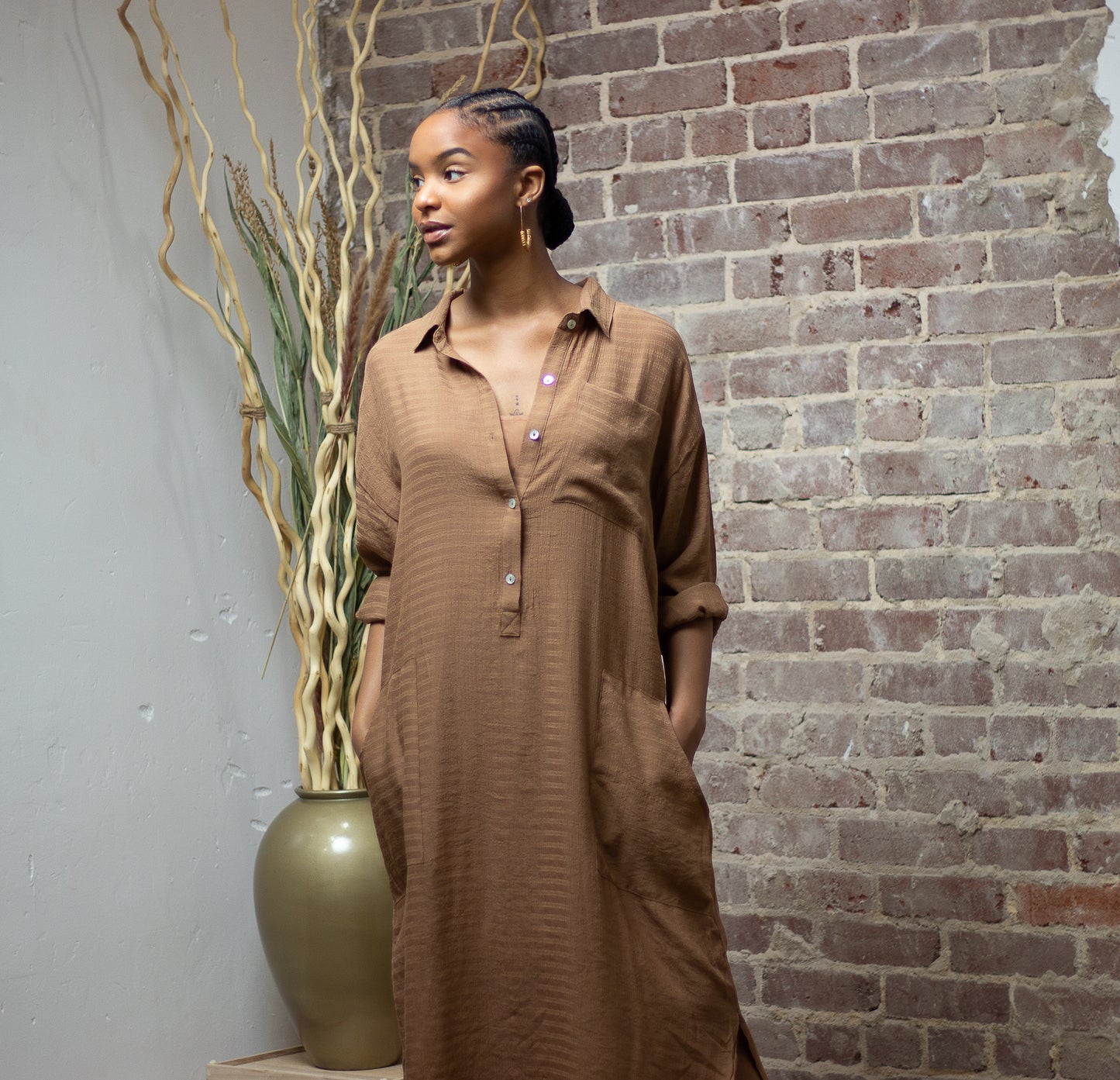 Your Favorite Button Up Shirt Midi Dress (Tan)